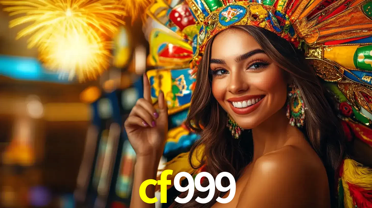 Mulher sorridente com um cocar de carnaval vibrante e colorido, celebrando uma grande vitória nos jogos do cassino cf999 com fogos de artifício ao fundo.
