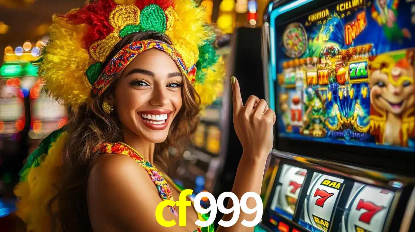 Mulher animada com um cocar de carnaval apontando para uma máquina de caça-níqueis, mostrando a emoção de ganhar um grande prêmio nos jogos do cf999.
