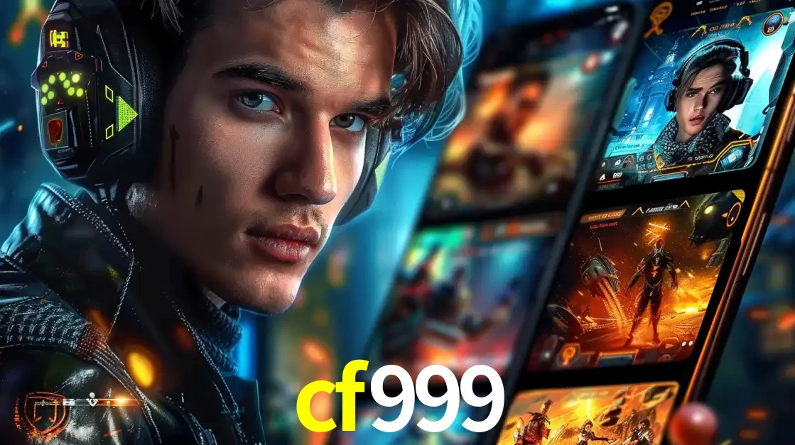 Jovem jogador com fones de ouvido olhando para a câmera, com um aplicativo de jogos e e-sports para celular ao fundo, pronto para a competição e apostas no cf999.