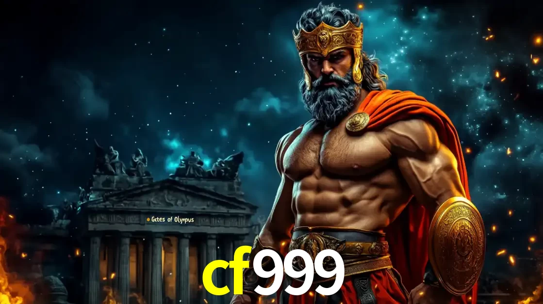 O poderoso Zeus do jogo de slot Gates of Olympus em frente ao seu templo, pronto para lançar multiplicadores divinos e prêmios épicos no cassino online cf999.