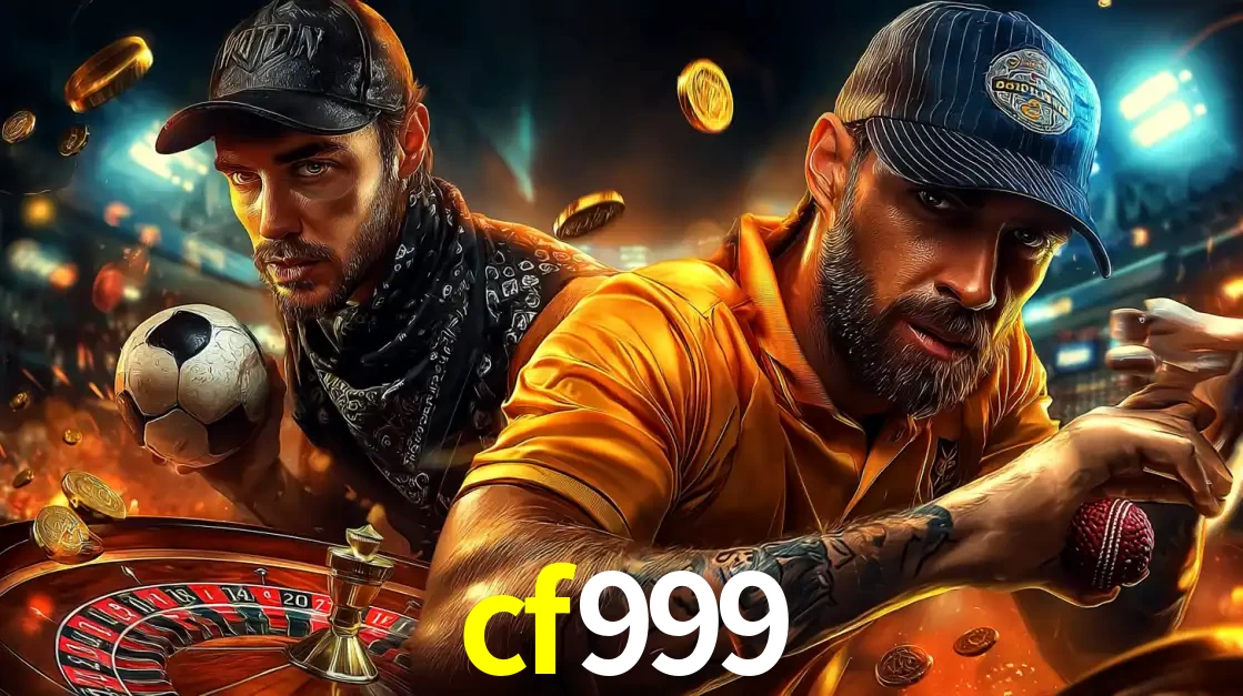 Montagem de apostas esportivas e cassino no cf999, com um homem segurando uma bola de futebol e outro uma de beisebol sobre uma roleta e moedas voadoras.