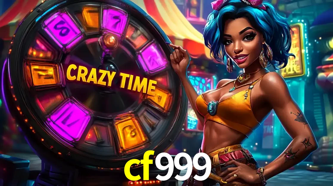 Mulher estilizada com cabelo azul e visual vibrante posando ao lado da roda de prêmios do game show Crazy Time, convidando para a diversão e os bônus do cassino cf999.