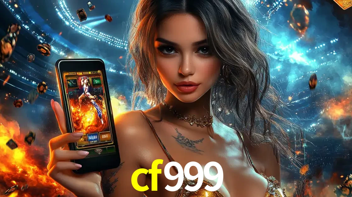 Mulher segurando um celular com um jogo de slot em destaque, tendo como fundo um estádio vibrante, simbolizando a emoção de jogar no cassino móvel cf999.