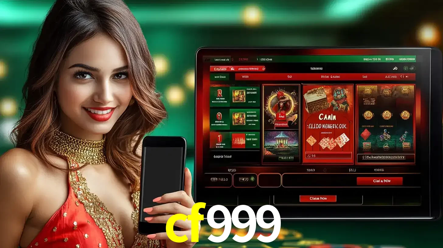 Mulher sorridente segurando um smartphone, ao lado de uma tela exibindo o lobby de jogos do cassino online cf999, com várias opções de jogos de cartas e slots.